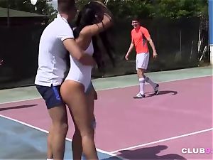 4 ultra-kinky teens fellate and pound on tennis court